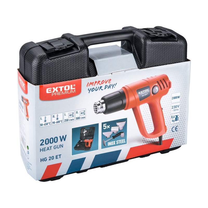 EXTOL PREMIUM hőlégfúvó, 2000W két fokozatú, 1000W/2000W, 50-450/90-650°C, 250/500 L/perc, kofferben, tartozékokkal [8894801]
